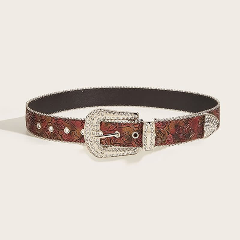 Cinturón de piel con diamantes de imitación y estampado floral en color marrón para mujer