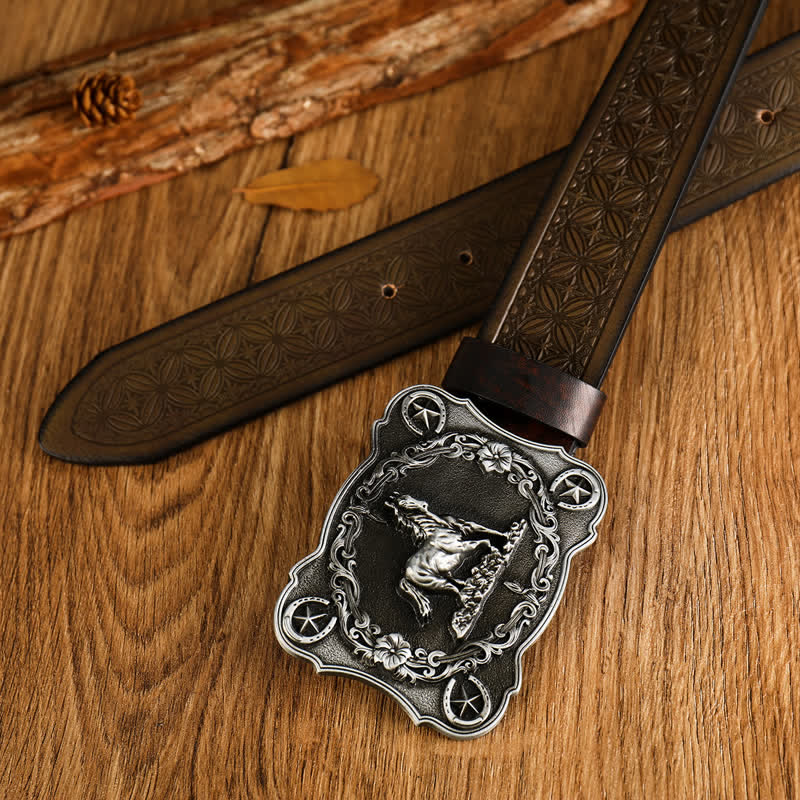 Cinturón de cuero resistente con estampado de tejido en relieve de corcel para hombre