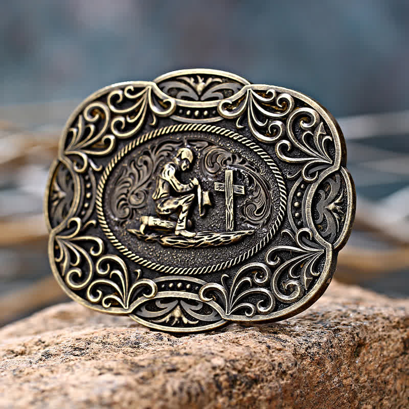 Cinturón de cuero con hebilla estilo western para hombre, hecho a mano, para rezar de rodillas