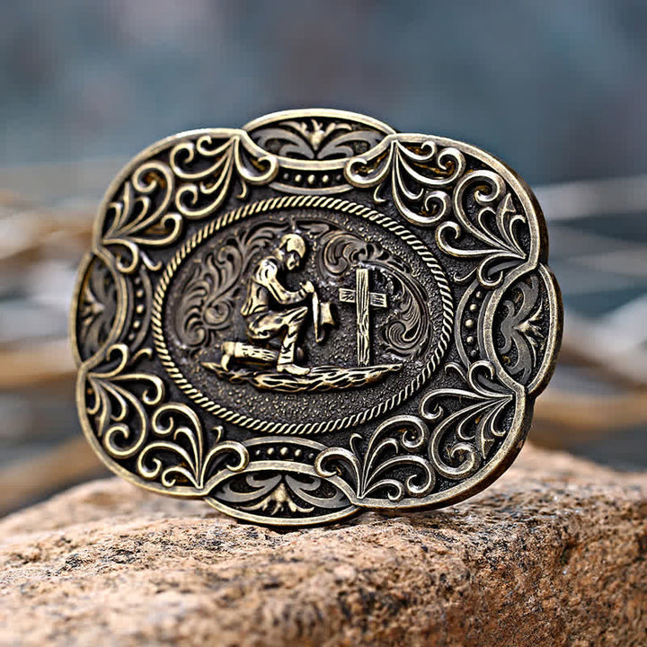 Cinturón de cuero con hebilla estilo western para hombre, hecho a mano, para rezar de rodillas