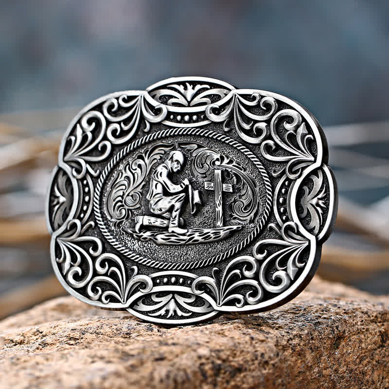 Cinturón de cuero con hebilla estilo western para hombre, hecho a mano, para rezar de rodillas