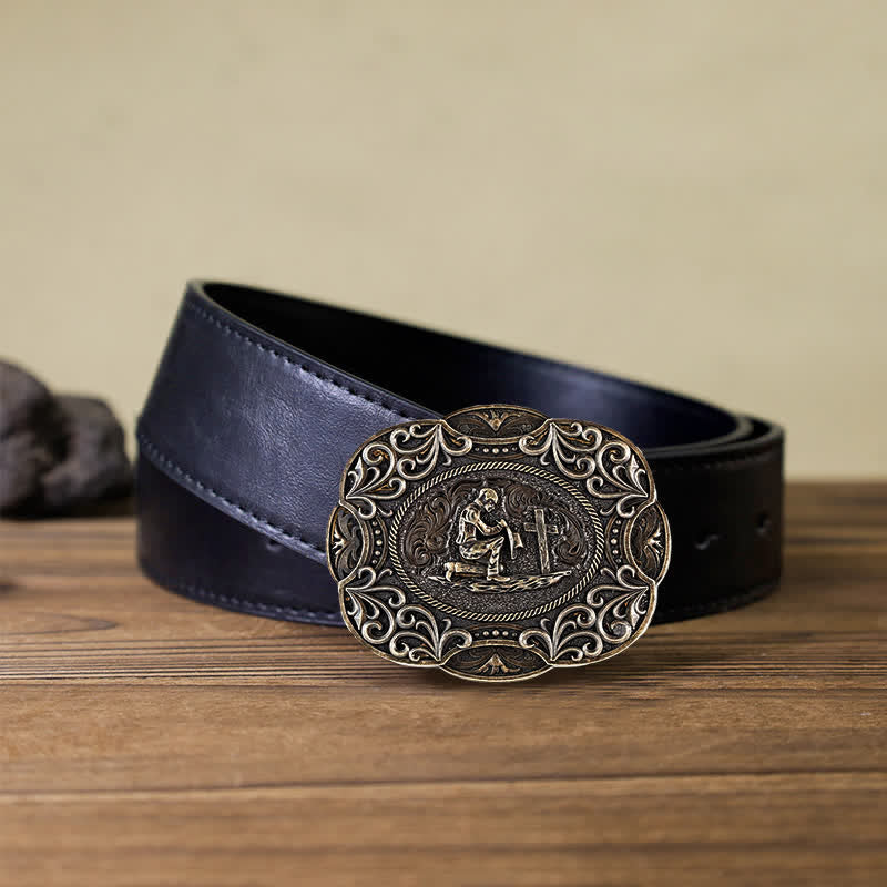 Cinturón de cuero con hebilla estilo western para hombre, hecho a mano, para rezar de rodillas