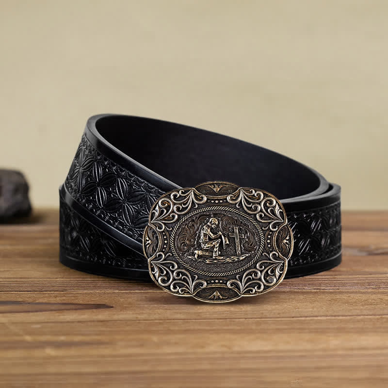 Cinturón de cuero con hebilla estilo western para hombre, hecho a mano, para rezar de rodillas