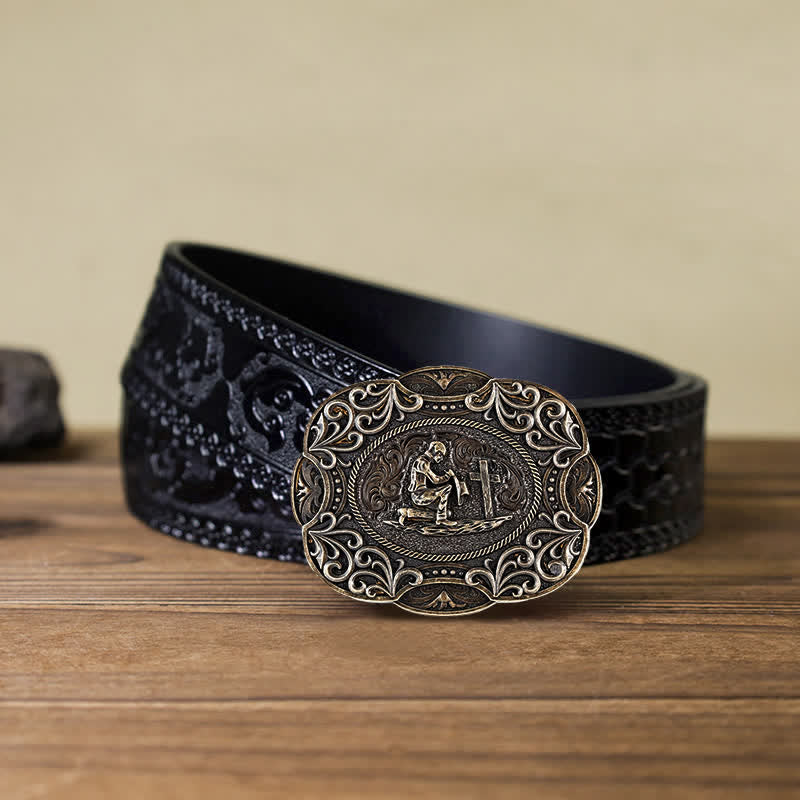 Cinturón de cuero con hebilla estilo western para hombre, hecho a mano, para rezar de rodillas