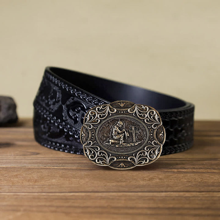 Cinturón de cuero con hebilla estilo western para hombre, hecho a mano, para rezar de rodillas