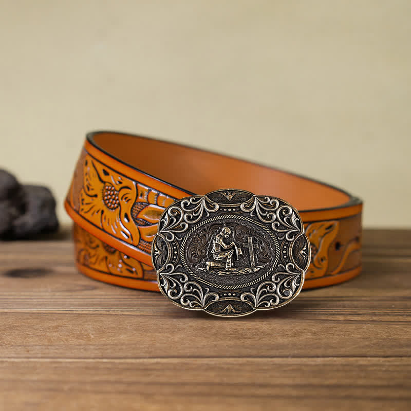 Cinturón de cuero con hebilla estilo western para hombre, hecho a mano, para rezar de rodillas