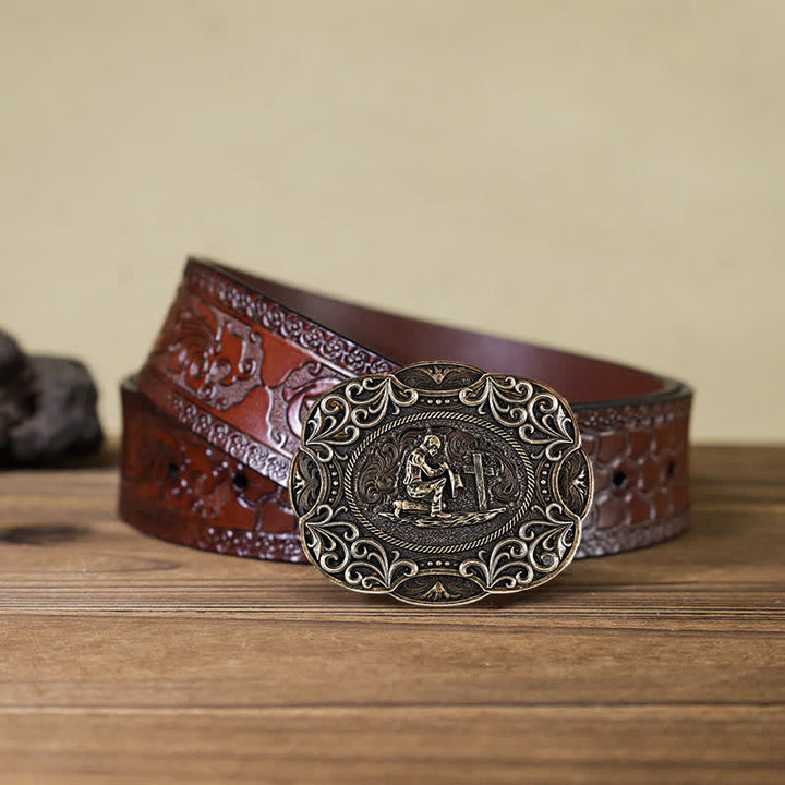 Cinturón de cuero con hebilla estilo western para hombre, hecho a mano, para rezar de rodillas