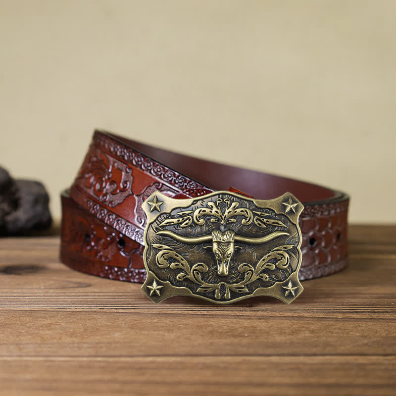 Cinturón de cuero con hebilla de cabeza de toro cuadrado estilo occidental para hombre
