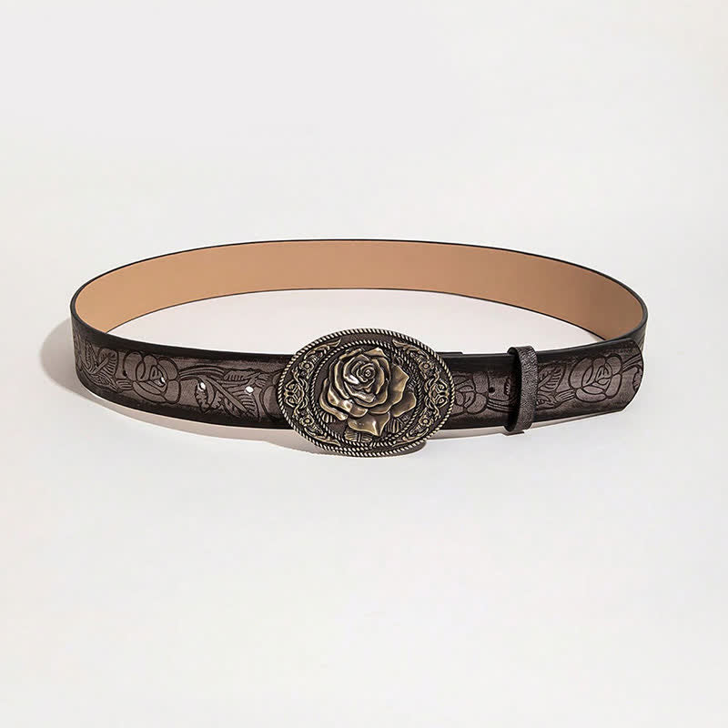 Cinturón de cuero estampado con hebilla en forma de rosa estilo occidental