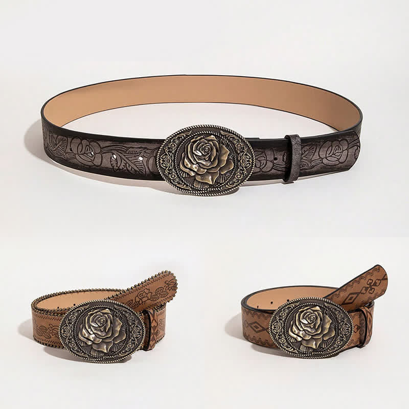 Cinturón de cuero estampado con hebilla en forma de rosa estilo occidental