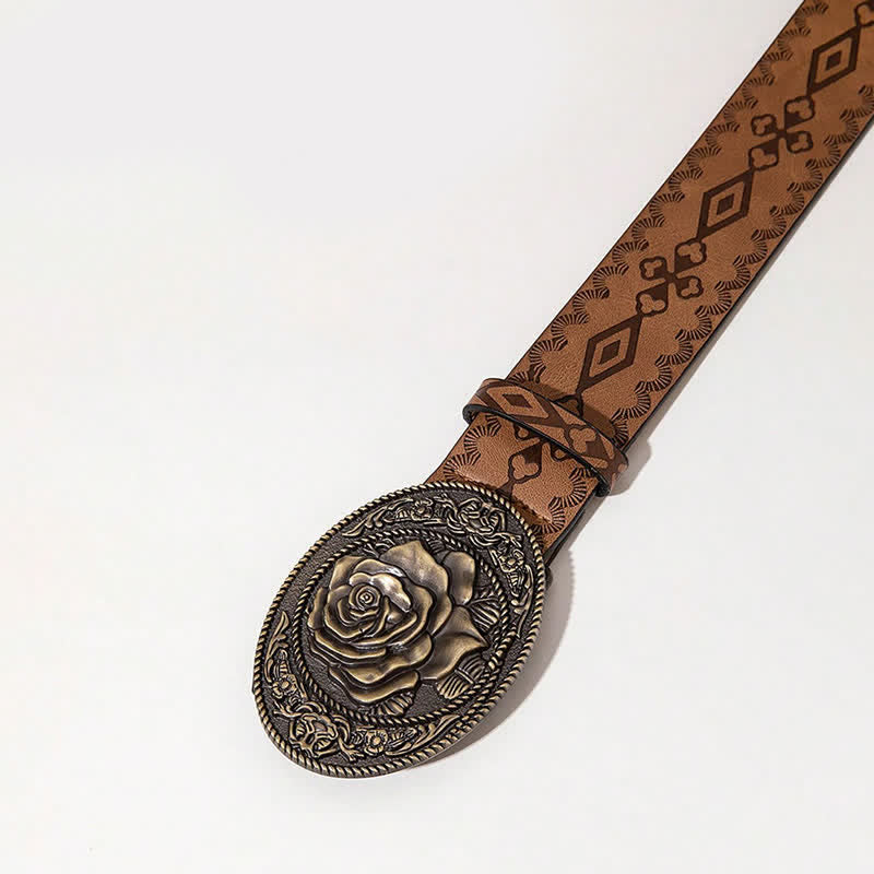 Cinturón de cuero estampado con hebilla en forma de rosa estilo occidental