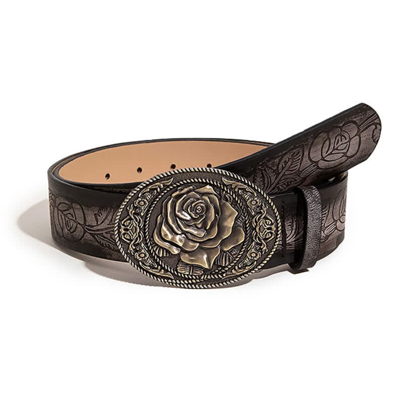 Cinturón de cuero estampado con hebilla en forma de rosa estilo occidental