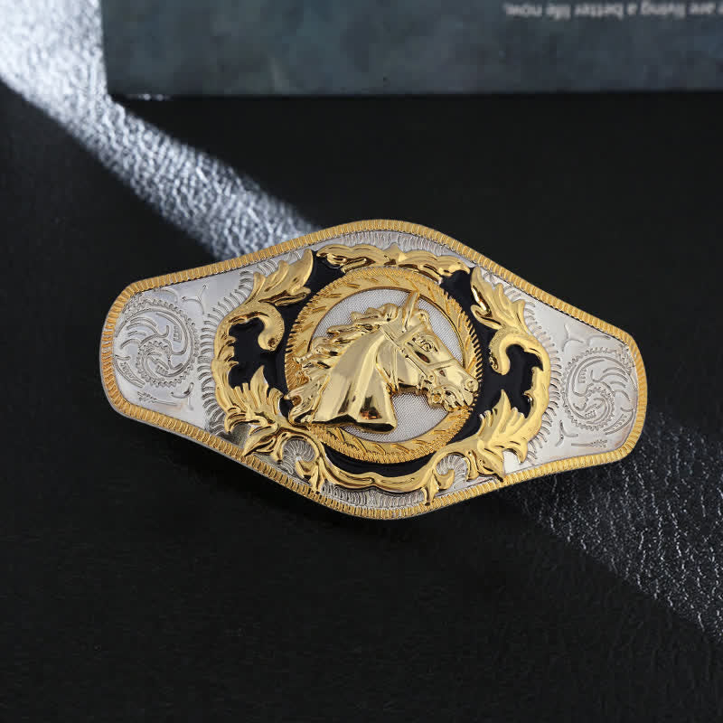 Cinturón de cuero con hebilla de animal dorado estilo occidental para hombre, hecho a mano - Cabeza de caballo - Sin cinturón - image 1