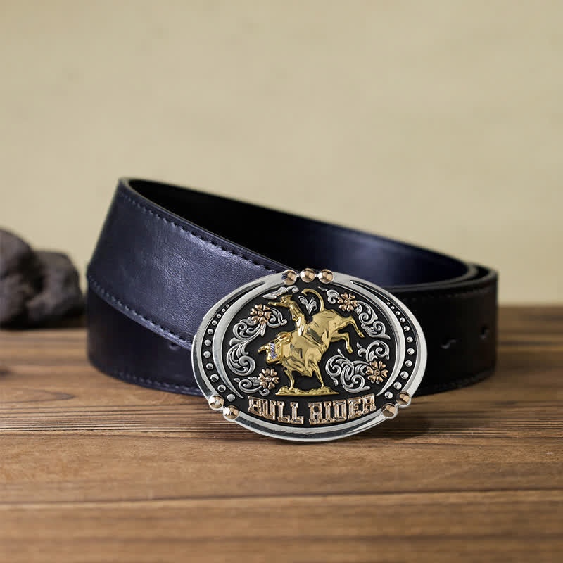 Cinturón de cuero con hebilla de dos tonos Bull Rider para hombre hecho a mano