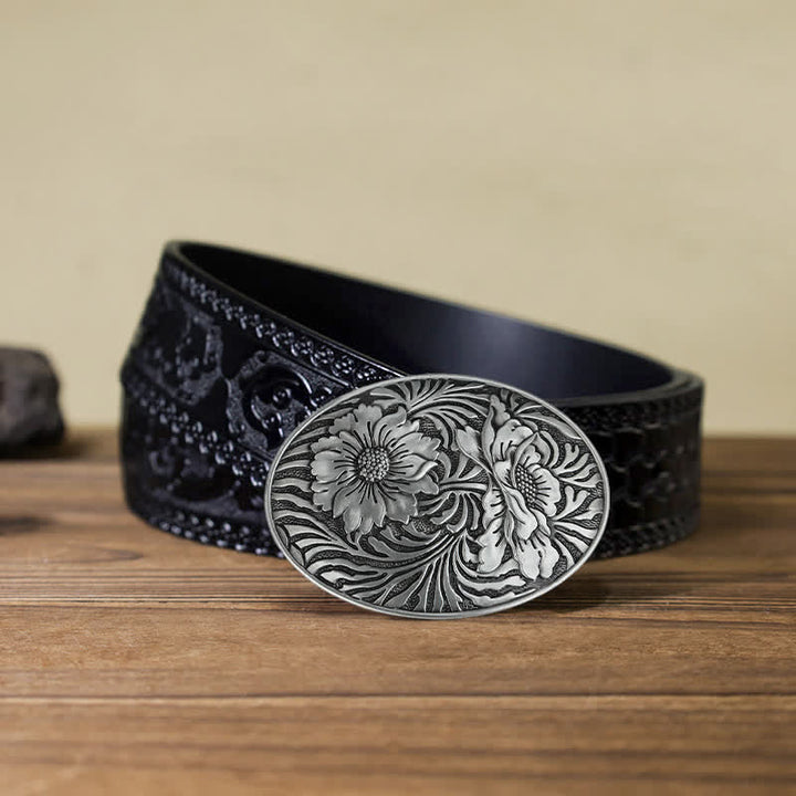 Cinturón de cuero con hebilla floral ovalada estilo western para hombre, hecho a mano