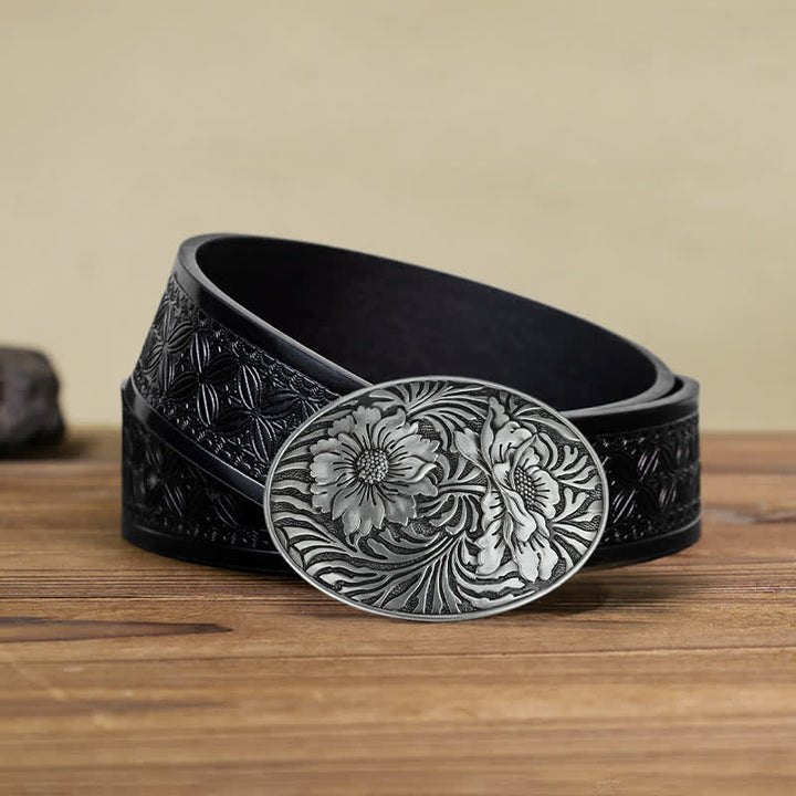 Cinturón de cuero con hebilla floral ovalada estilo western para hombre, hecho a mano