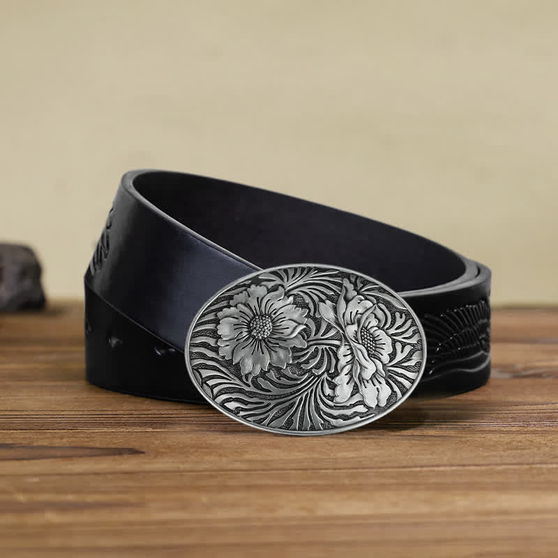 Cinturón de cuero con hebilla floral ovalada estilo western para hombre, hecho a mano