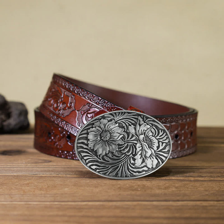 Cinturón de cuero con hebilla floral ovalada estilo western para hombre, hecho a mano