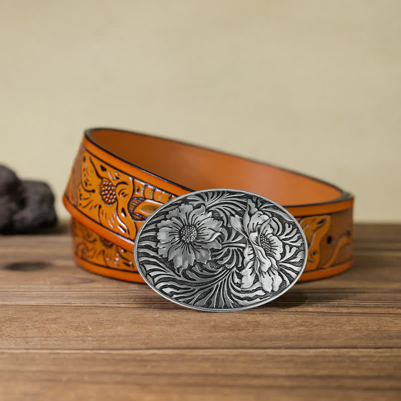 Cinturón de cuero con hebilla floral ovalada estilo western para hombre, hecho a mano