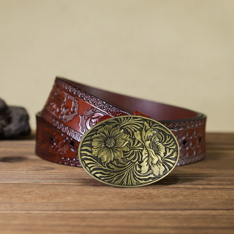Cinturón de cuero con hebilla floral ovalada estilo western para hombre, hecho a mano