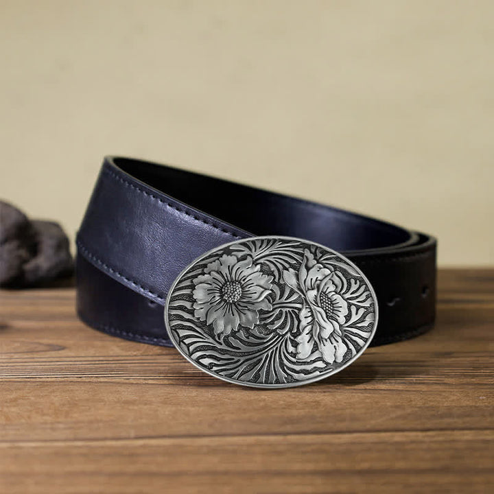 Cinturón de cuero con hebilla floral ovalada estilo western para hombre, hecho a mano