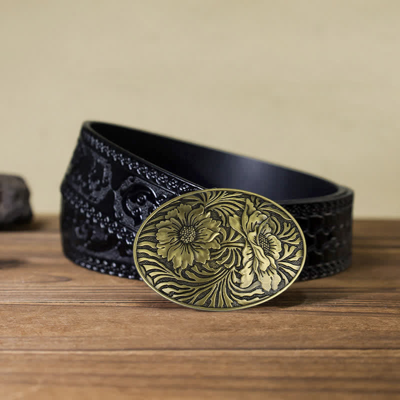 Cinturón de cuero con hebilla floral ovalada estilo western para hombre, hecho a mano