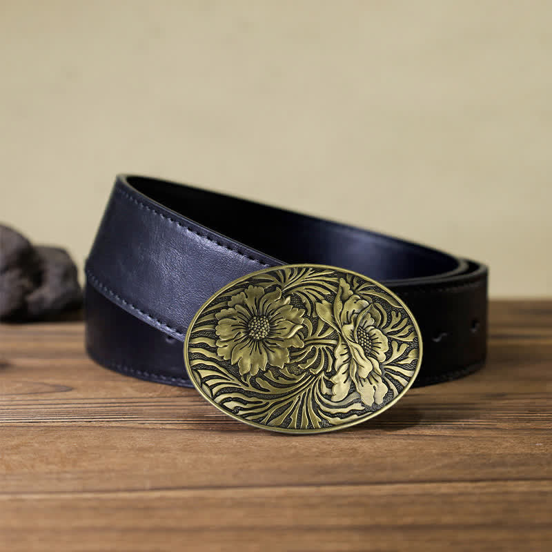 Cinturón de cuero con hebilla floral ovalada estilo western para hombre, hecho a mano