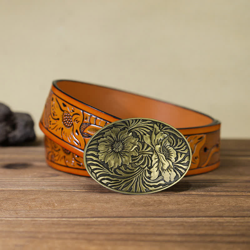 Cinturón de cuero con hebilla floral ovalada estilo western para hombre, hecho a mano