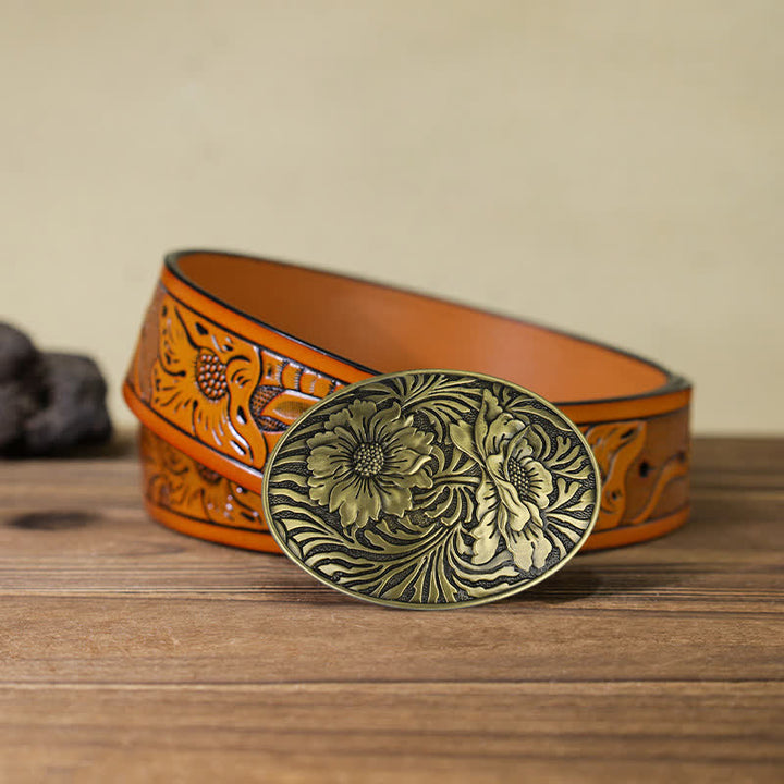 Cinturón de cuero con hebilla floral ovalada estilo western para hombre, hecho a mano