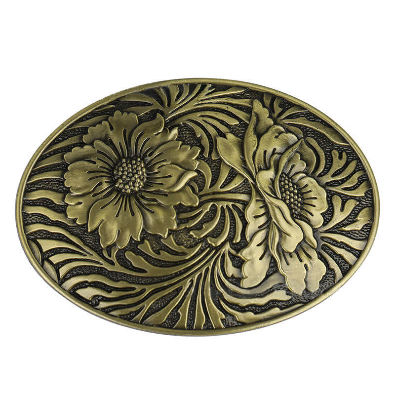 Cinturón de cuero con hebilla floral ovalada estilo western para hombre, hecho a mano
