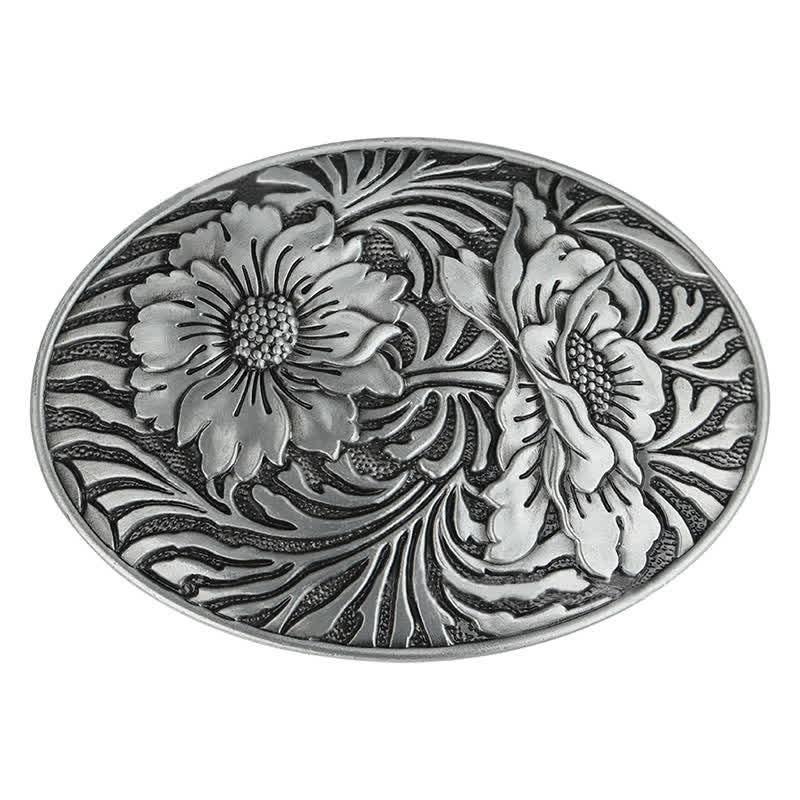 Cinturón de cuero con hebilla floral ovalada estilo western para hombre, hecho a mano
