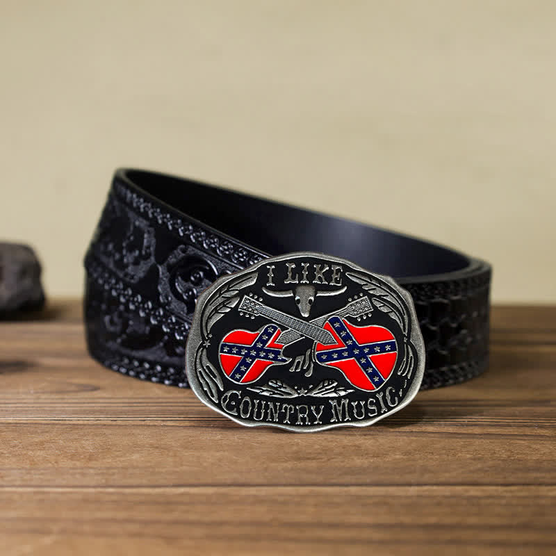 Cinturón de cuero con hebilla de toro para hombre, hecho a mano, con diseño de guitarra country