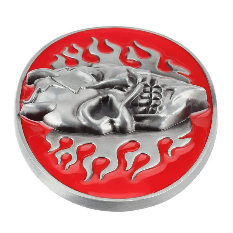 Cinturón de cuero con hebilla de calavera de diablo con llama roja para hombre