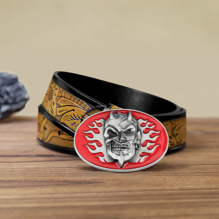 Cinturón de cuero con hebilla de calavera de diablo con llama roja para hombre