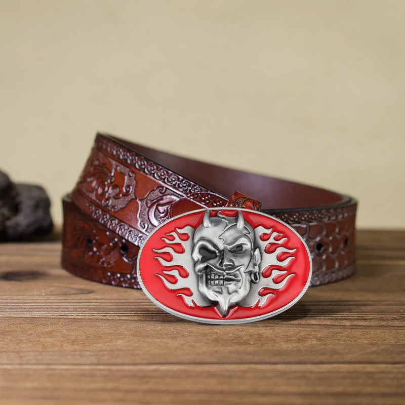 Cinturón de cuero con hebilla de calavera de diablo con llama roja para hombre