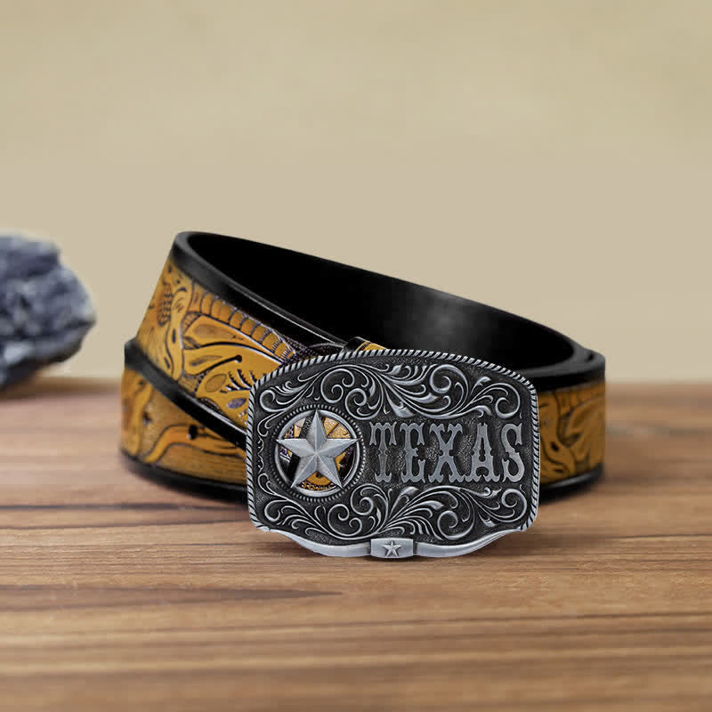 Cinturón de cuero con hebilla de pentagrama hueco de Texas para hombre hecho a mano