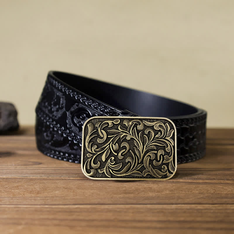Cinturón de cuero con hebilla y diseño de hojas volutas para hombre hecho a mano