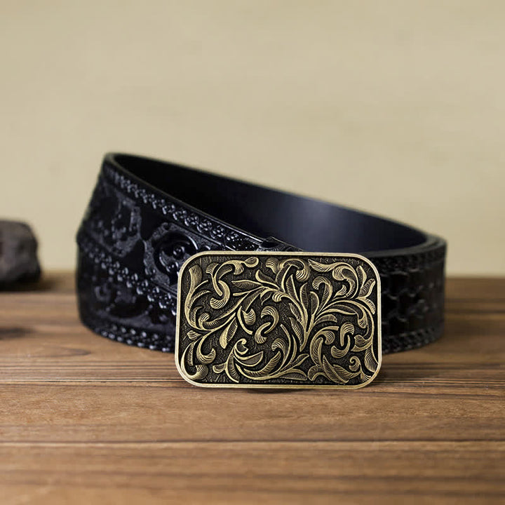Cinturón de cuero con hebilla y diseño de hojas volutas para hombre hecho a mano