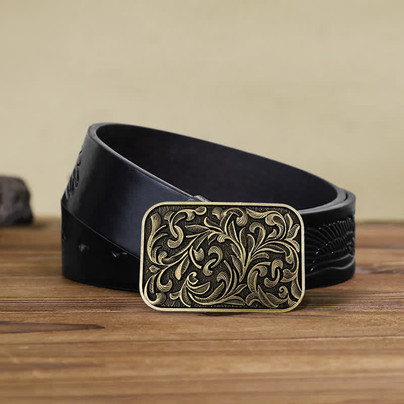 Cinturón de cuero con hebilla y diseño de hojas volutas para hombre hecho a mano