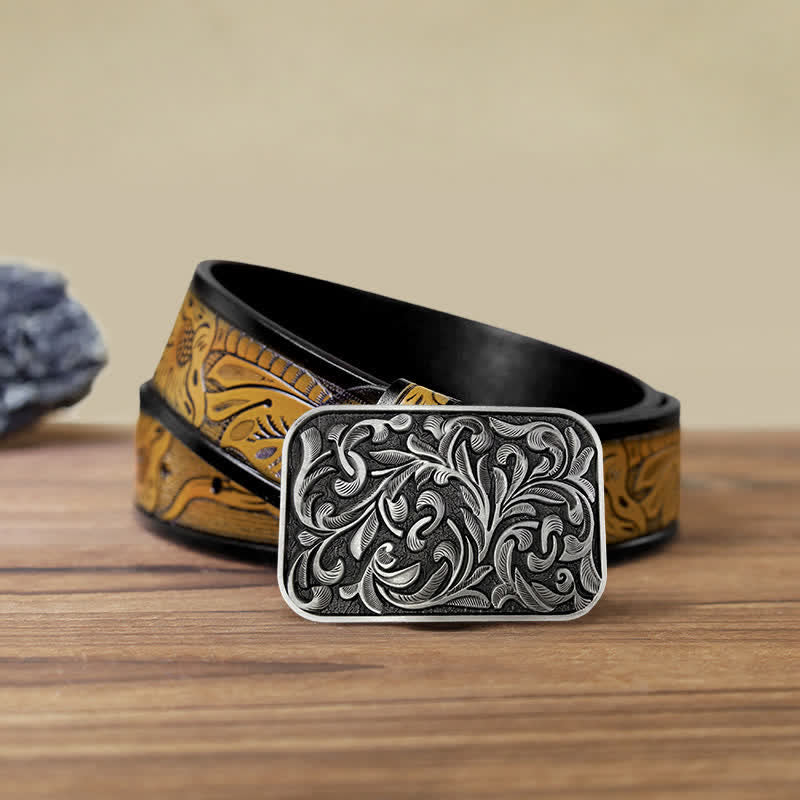 Cinturón de cuero con hebilla y diseño de hojas volutas para hombre hecho a mano