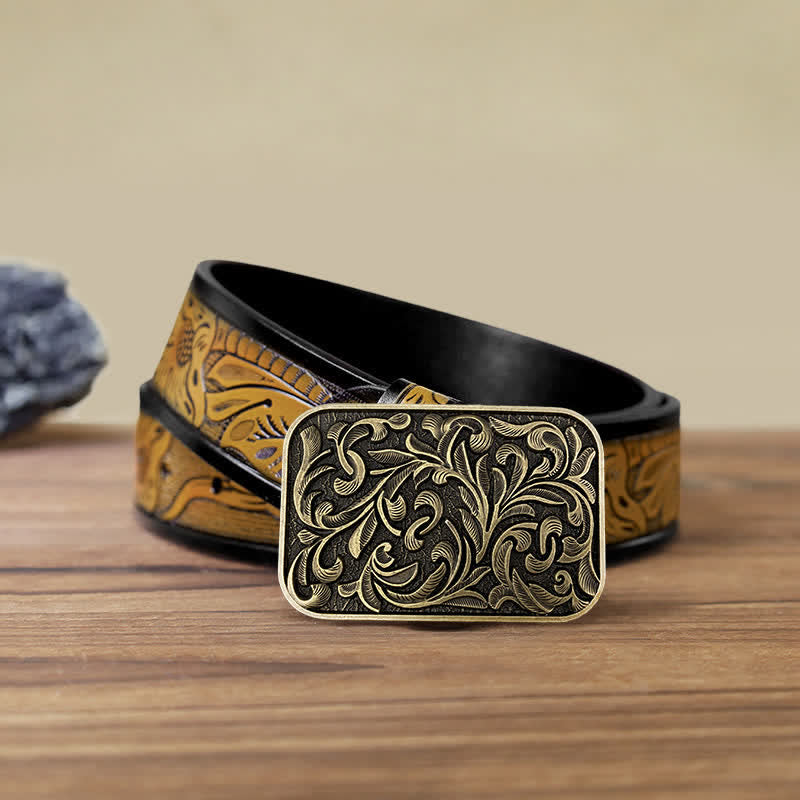 Cinturón de cuero con hebilla y diseño de hojas volutas para hombre hecho a mano