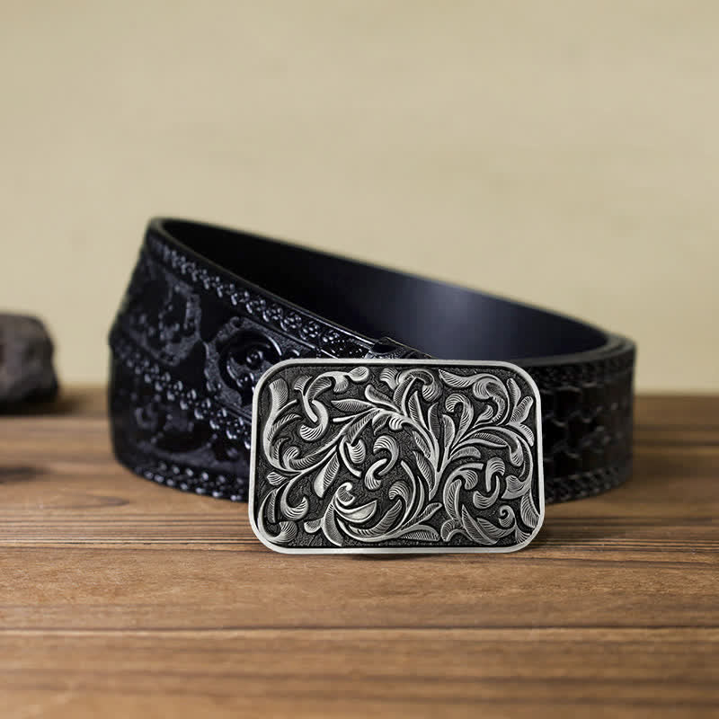 Cinturón de cuero con hebilla y diseño de hojas volutas para hombre hecho a mano