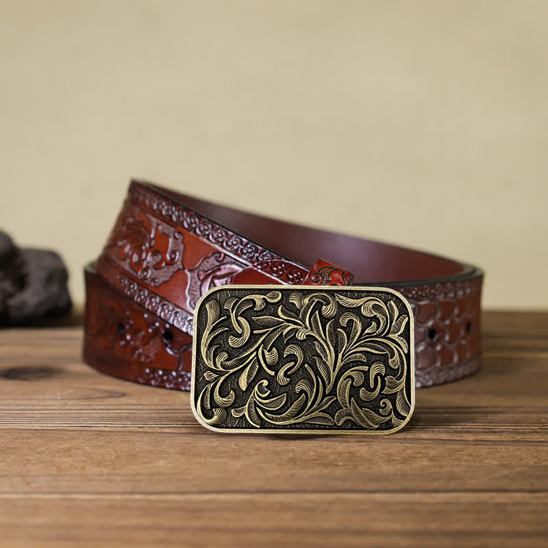 Cinturón de cuero con hebilla y diseño de hojas volutas para hombre hecho a mano