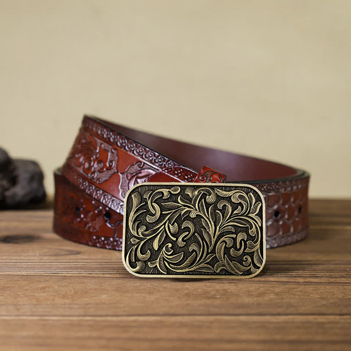 Cinturón de cuero con hebilla y diseño de hojas volutas para hombre hecho a mano