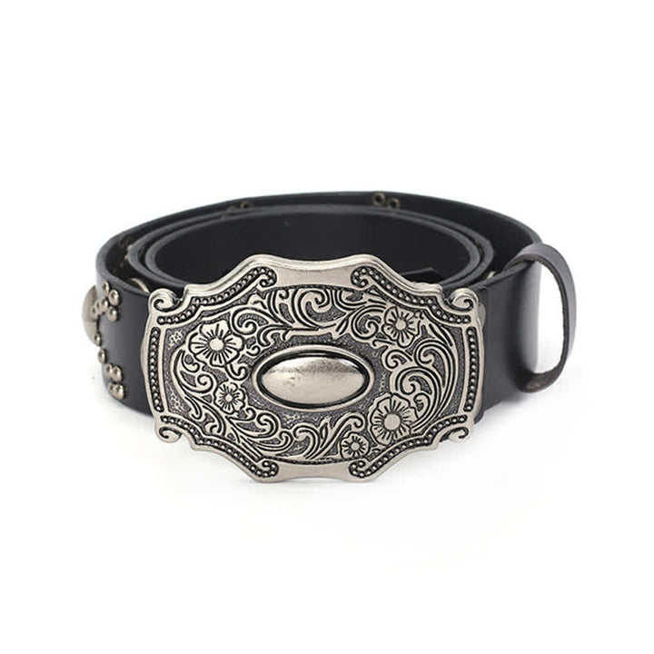 Cinturón de cuero con tachuelas y remaches con hebilla floral estilo punk para hombre