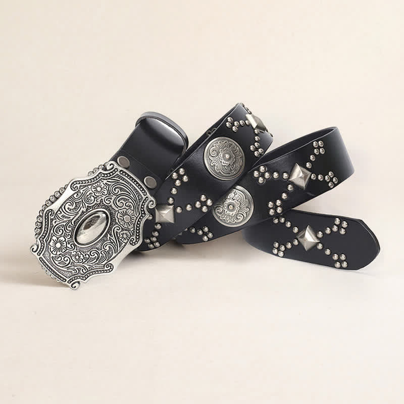 Cinturón de cuero con tachuelas y remaches con hebilla floral estilo punk para hombre