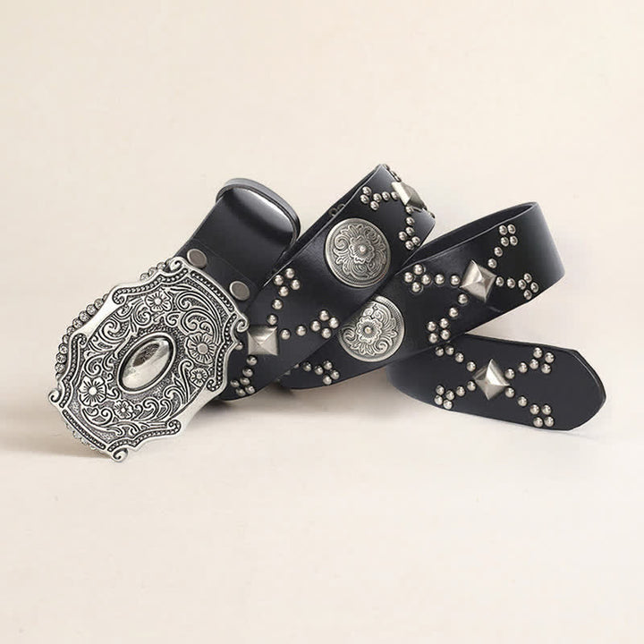 Cinturón de cuero con tachuelas y remaches con hebilla floral estilo punk para hombre