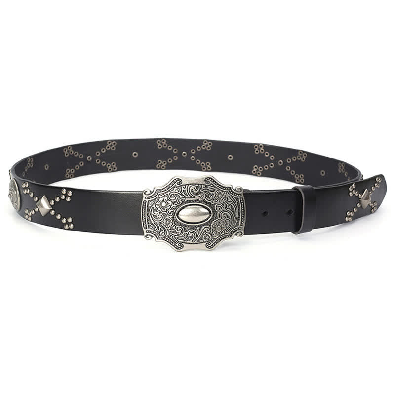 Cinturón de cuero con tachuelas y remaches con hebilla floral estilo punk para hombre