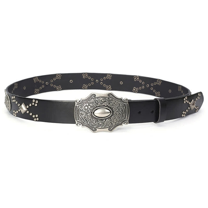 Cinturón de cuero con tachuelas y remaches con hebilla floral estilo punk para hombre