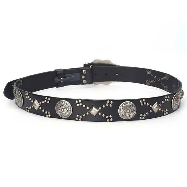 Cinturón de cuero con tachuelas y remaches con hebilla floral estilo punk para hombre